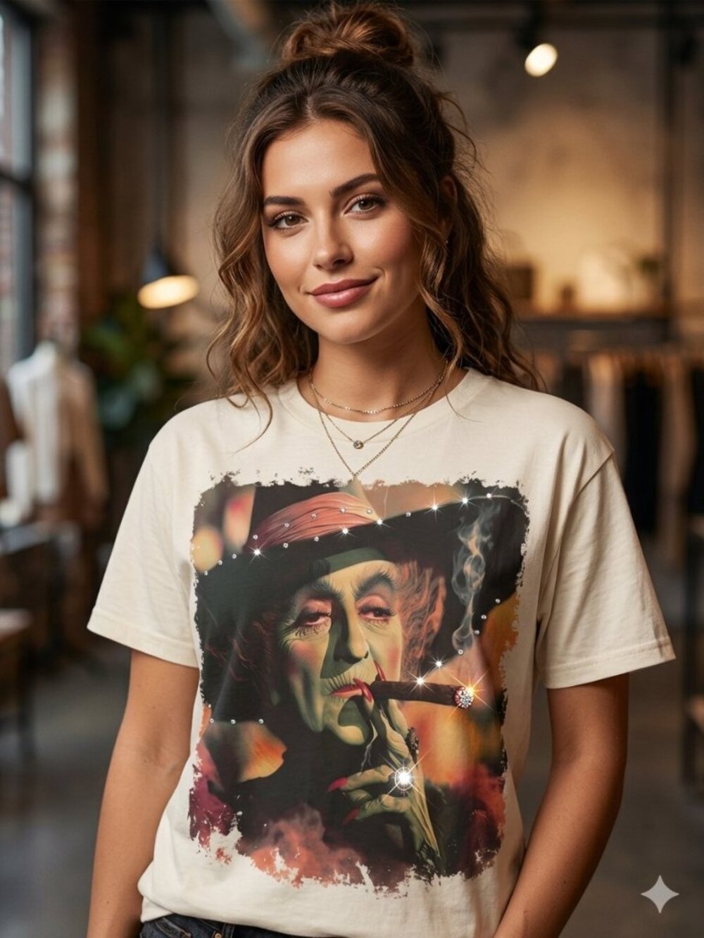 Wicked Witch Smoking Cigar Graphic Tee w/Crystals Halloween Top S,M,L, XL